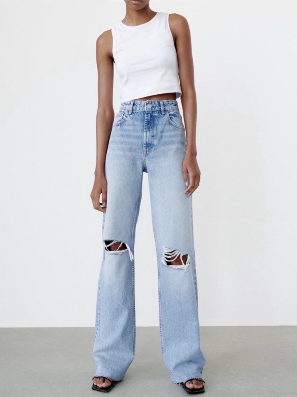 High-Rise Light Wash Distressed Wide-Leg Jeans